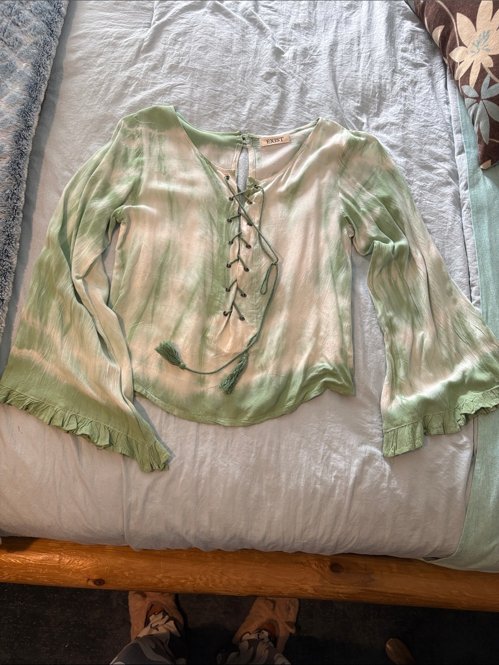 Exist Light Green Tie-Front Peasant Blouse